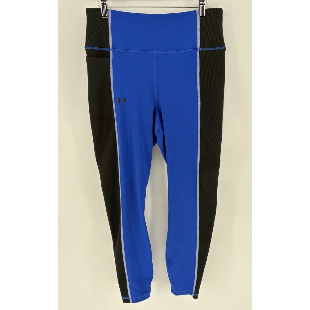 Under Armour Compression Leggings Womens 1X Blue Black Ribbed Side Yoga Pocket